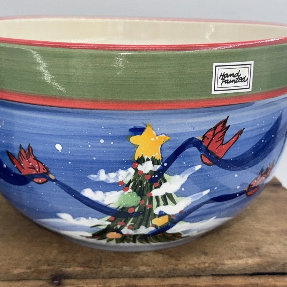 Mixing Serving Bowls Set of 2 Hand Painted‎ Christmas Tree Cardinal Stoneware